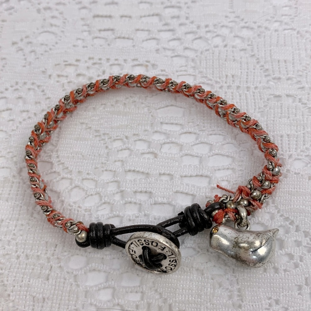 Fossil Beaded Bird bracelet Silver Orange Loop hook closure 8”
